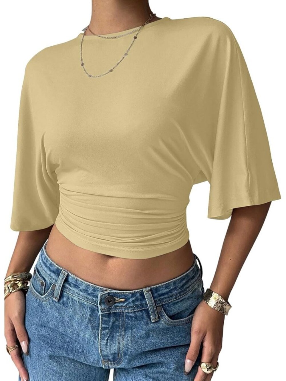 Women's Yellow Ruched Crop Top Crew Neck Half Sleeve Cinched Waist Casual Shirts